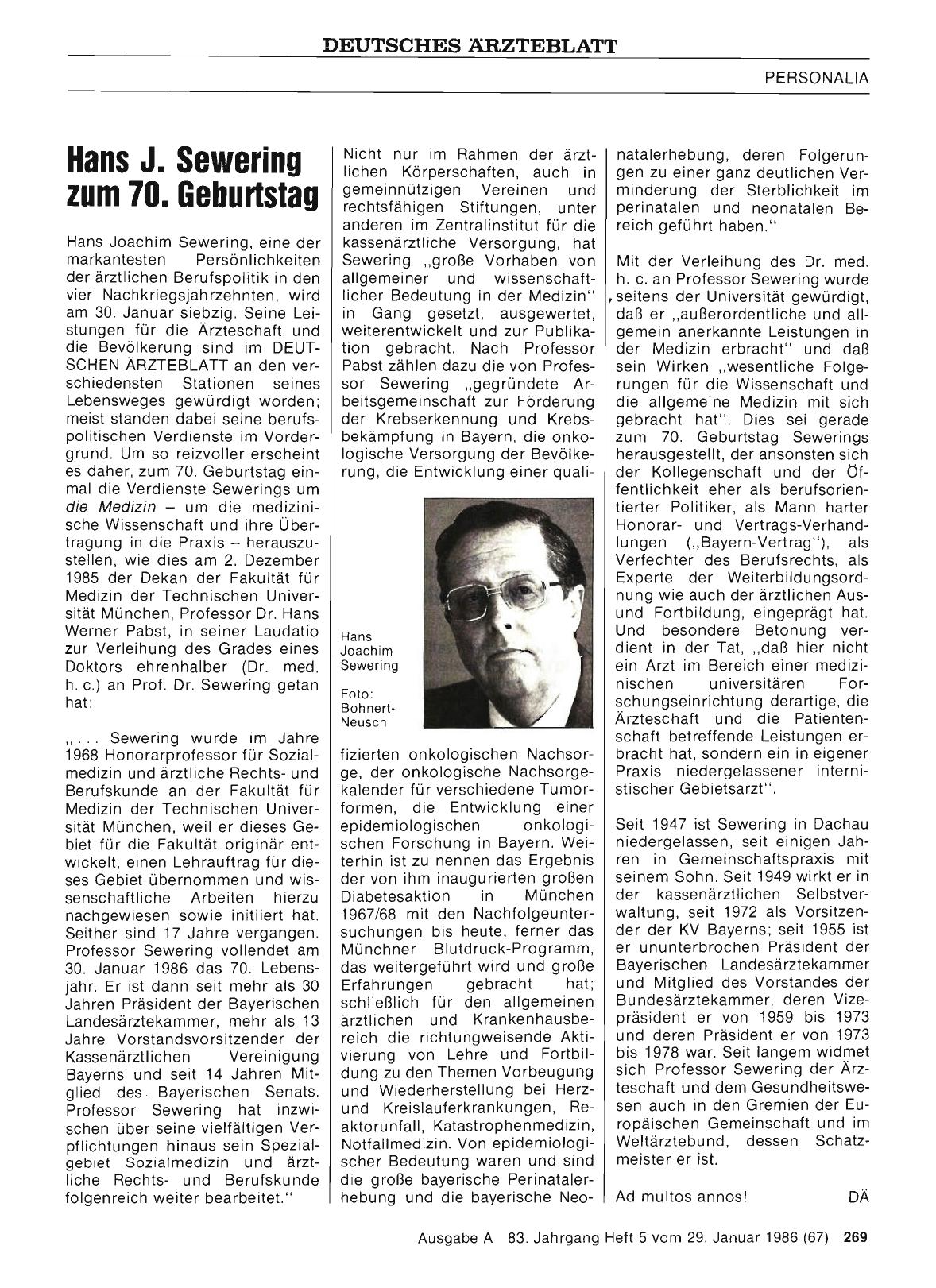 Vorschauseite 1: Hans J. Sewering zum 70. Geburtstag