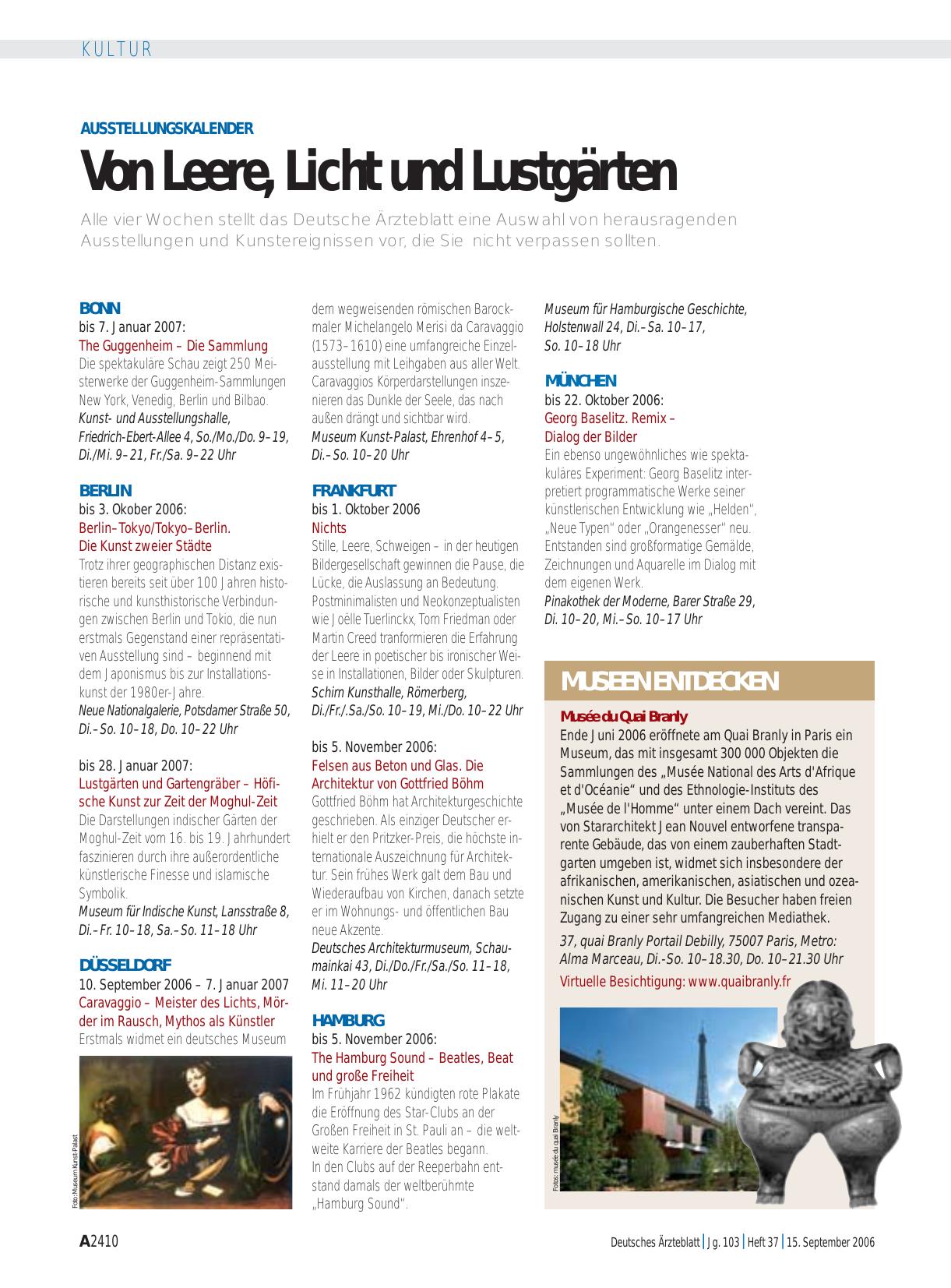 Vorschauseite 1: Ausstellungskalender: Von Leere, Licht und Lustgärten