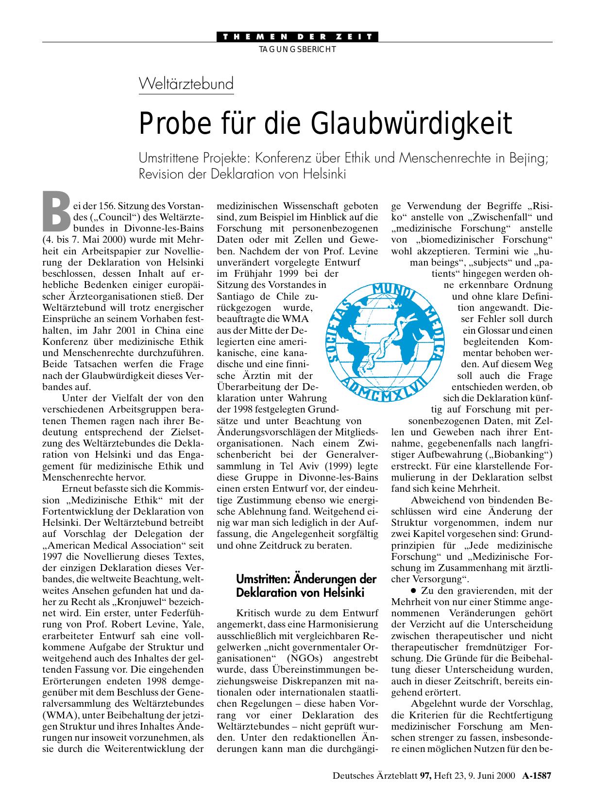 Vorschauseite 1: Weltärztebund: Probe für die Glaubwürdigkeit