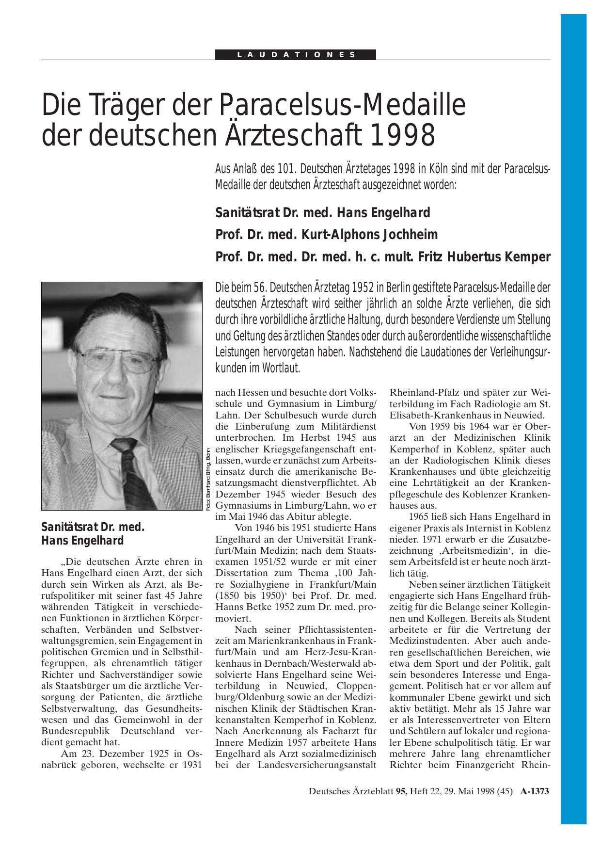 Vorschauseite 1: Die Träger der Paracelsus-Medaille der deutschen Ärzteschaft 1998
