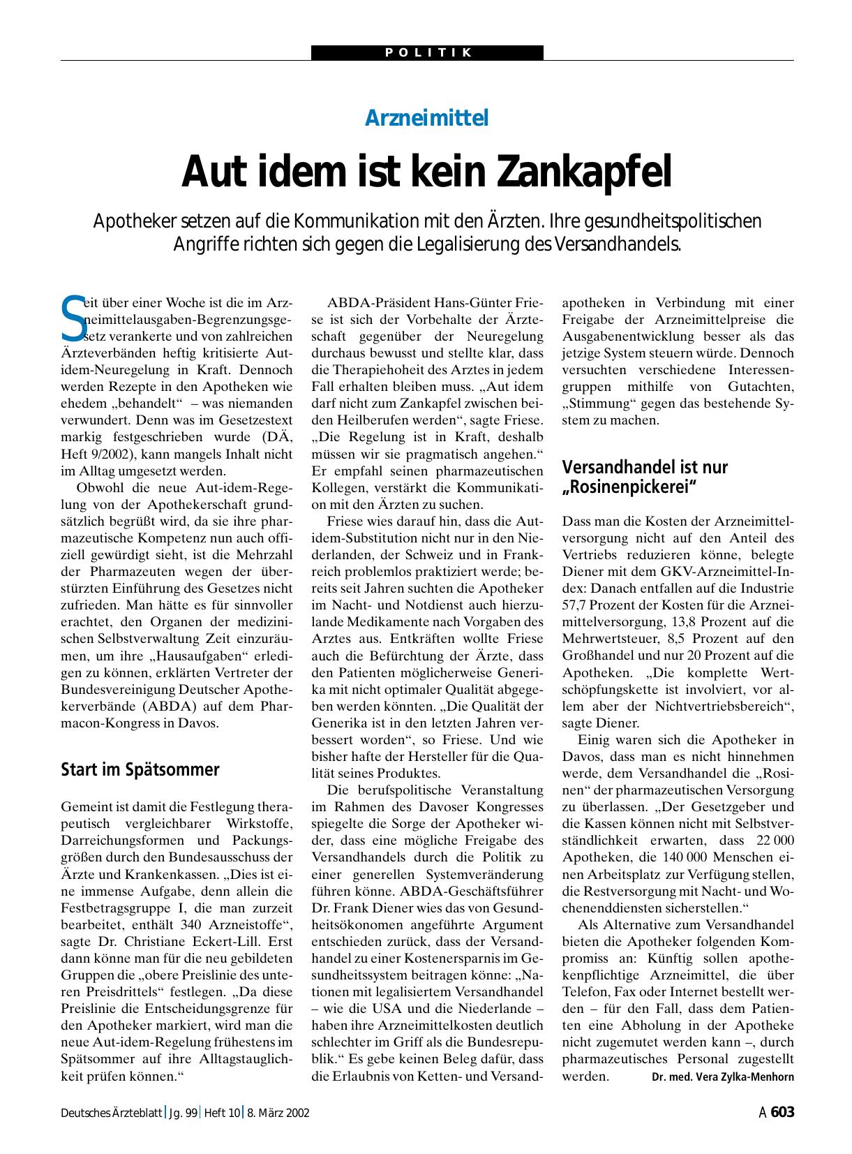 Vorschauseite 1: Arzneimittel: Aut idem ist kein Zankapfel