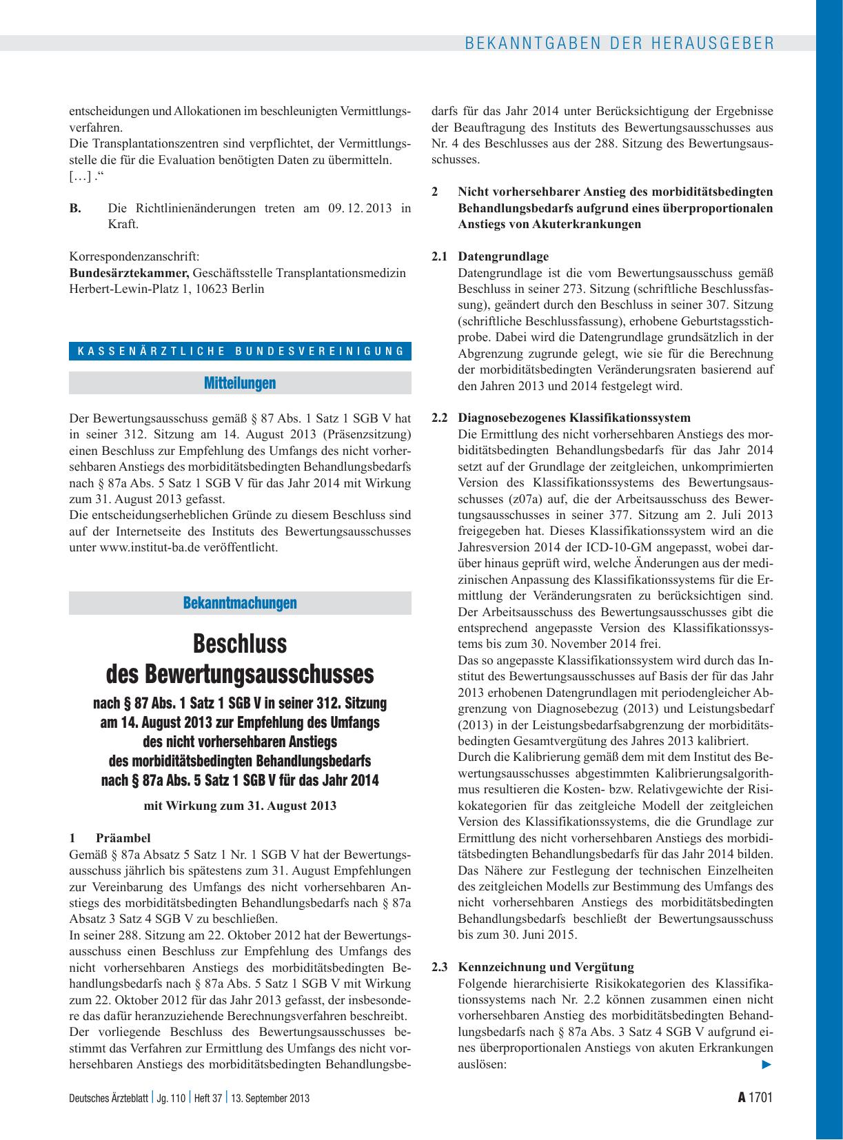 Vorschauseite 1: Beschluss des Bewertungsausschusses nach § 87 Abs. 1 Satz 1 SGB V in seiner 312. Sitzung am 14. August 2013 zur Empfehlung des Umfangs des nicht vorhersehbaren Anstiegs des morbid…