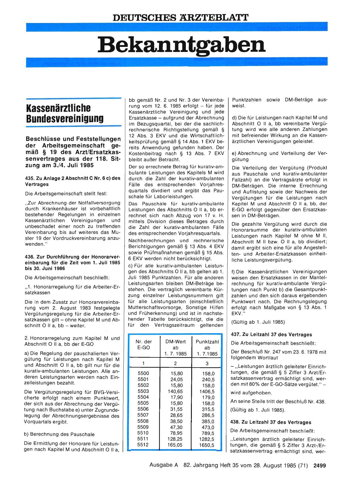 Vorschauseite 1: Beschlüsse und Feststellungen der Arbeitsgemeinschaft gemäß § 19 des Arzt/Ersatzkassenvertrages aus der 118. Sitzung am 3. /4. Juli 1985