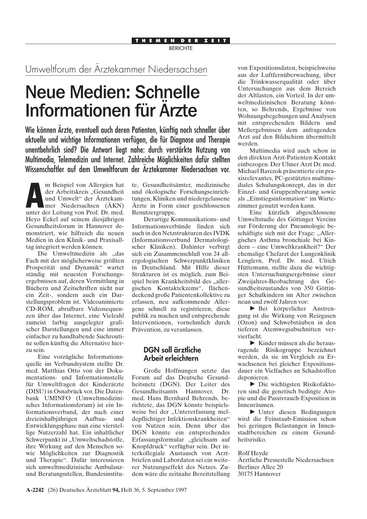 Vorschauseite 1: Umweltforum der Ärztekammer Niedersachsen: Neue Medien – Schnelle Informationen für Ärzte