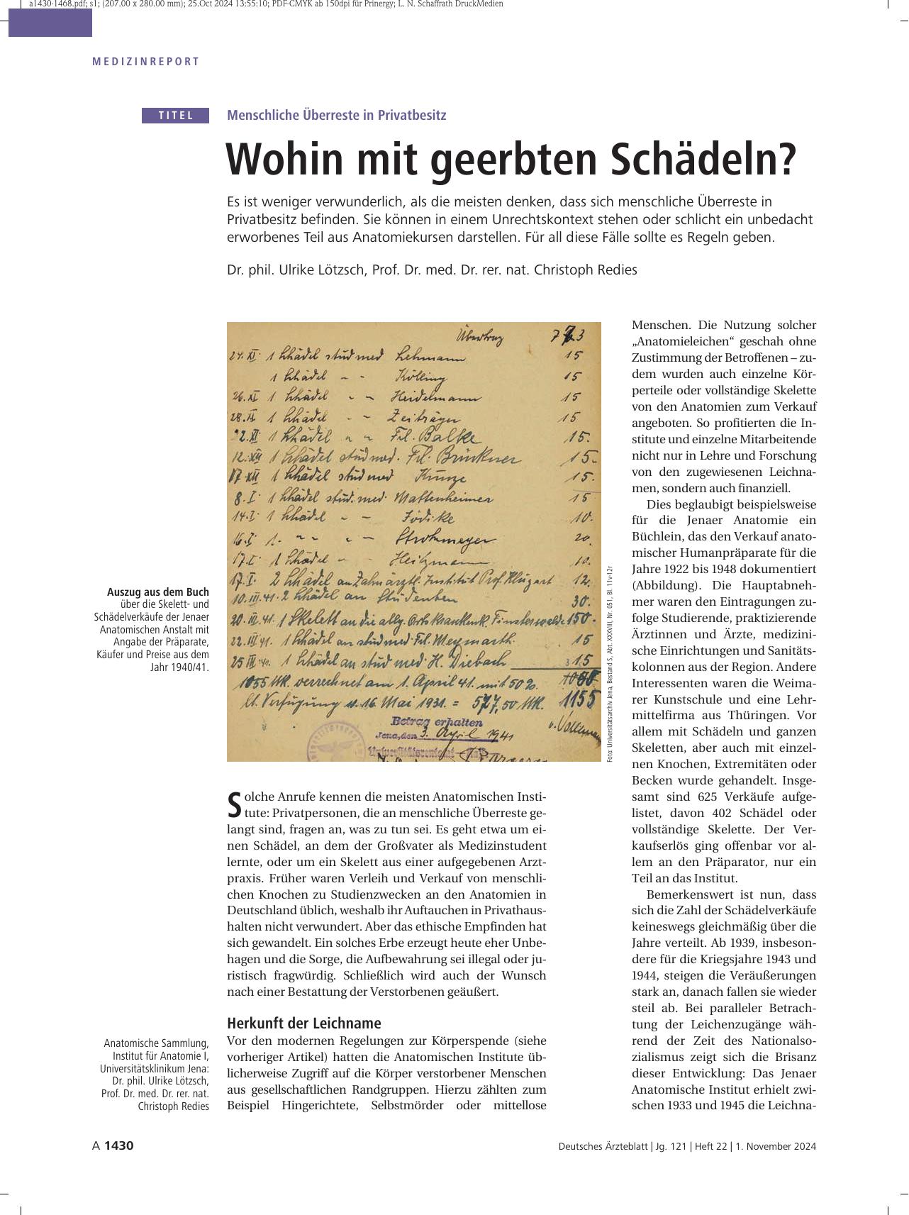 Vorschauseite 1: Menschliche Überreste in Privatbesitz: Wohin mit geerbten Schädeln?