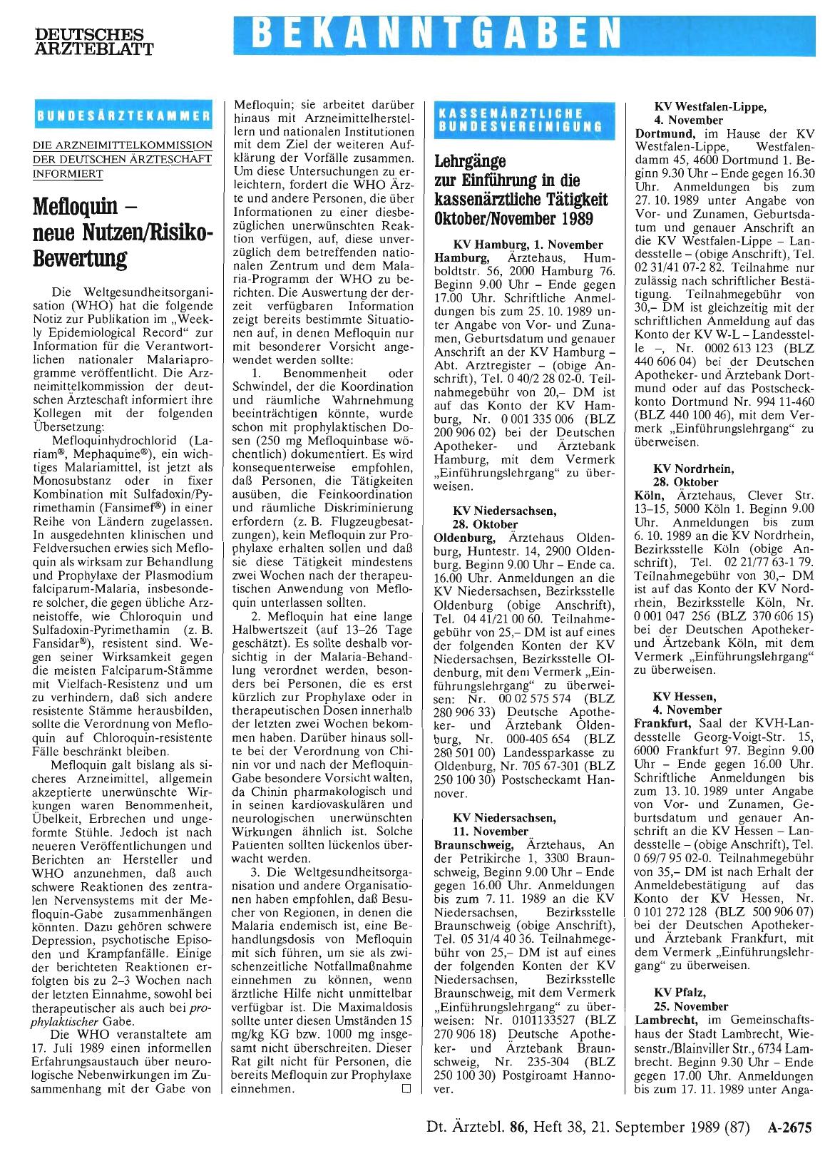 Vorschauseite 1: Lehrgänge zur Einführung in die kassenärztliche Tätigkeit Oktober/November 1989