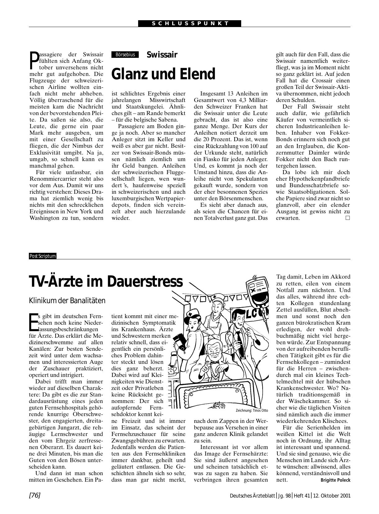 Vorschauseite 1: TV-Ärzte im Dauerstress: Klinikum der Banalitäten