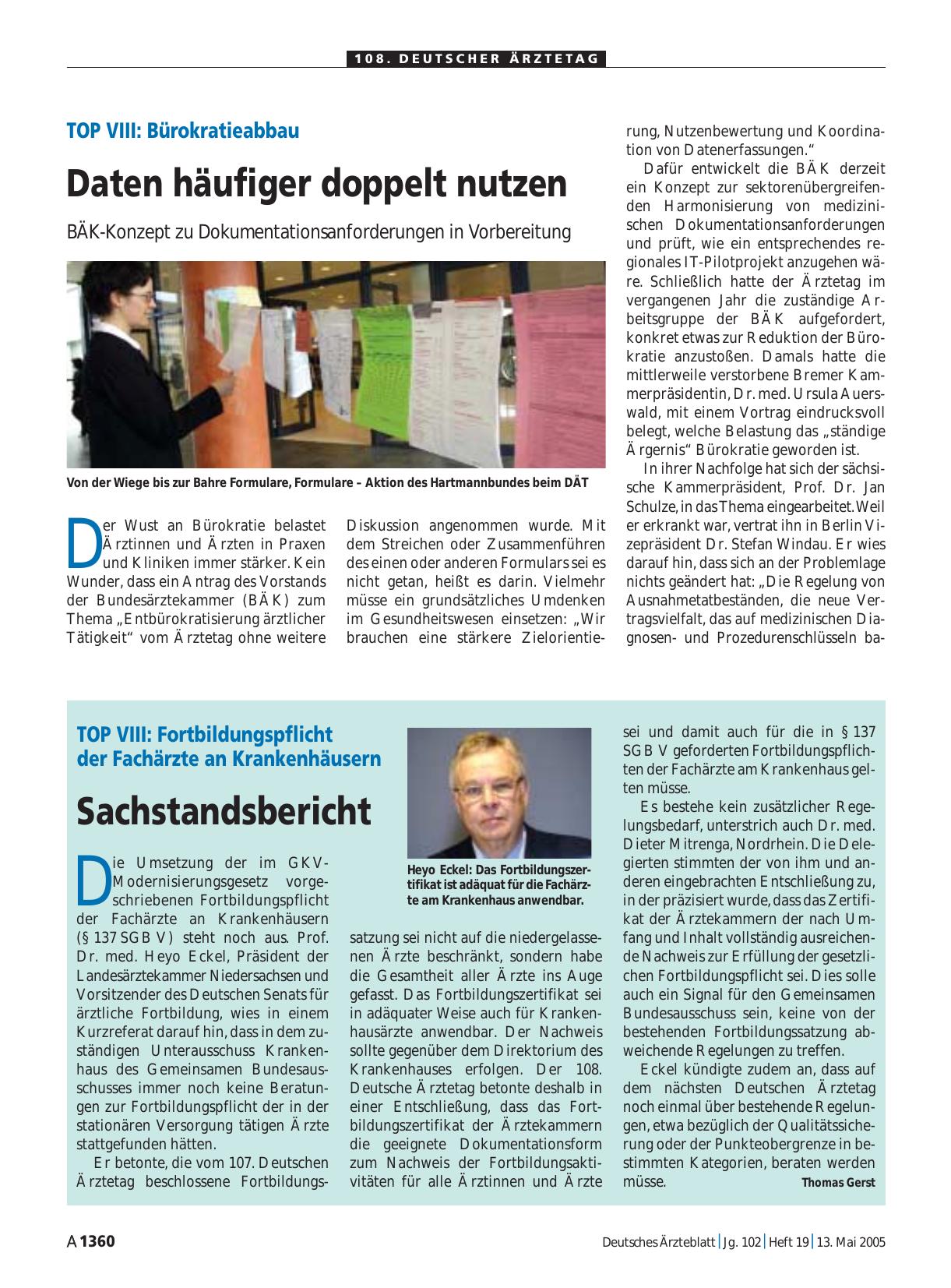 Vorschauseite 1: TOP VIII - Fortbildungspflicht der Fachärzte an Krankenhäusern: Sachstandsbericht