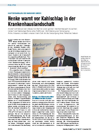 Vorschauseite 1: Hauptversammlung des Marburger Bundes: Henke warnt vor Kahlschlag in der Krankenhauslandschaft