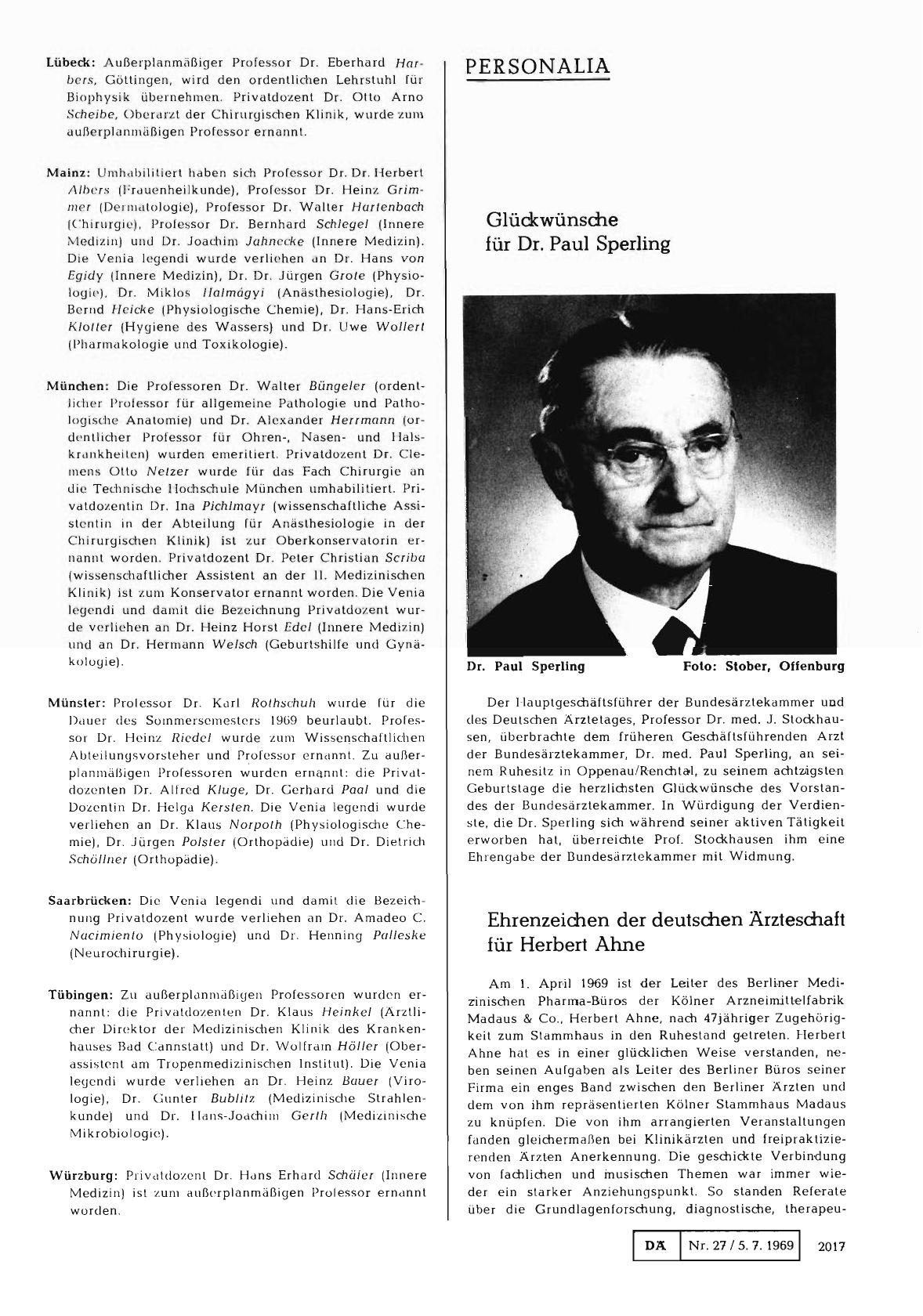 Vorschauseite 1: Ehrenzeichen der deutschen Ärzteschaft für Herbert Ahne