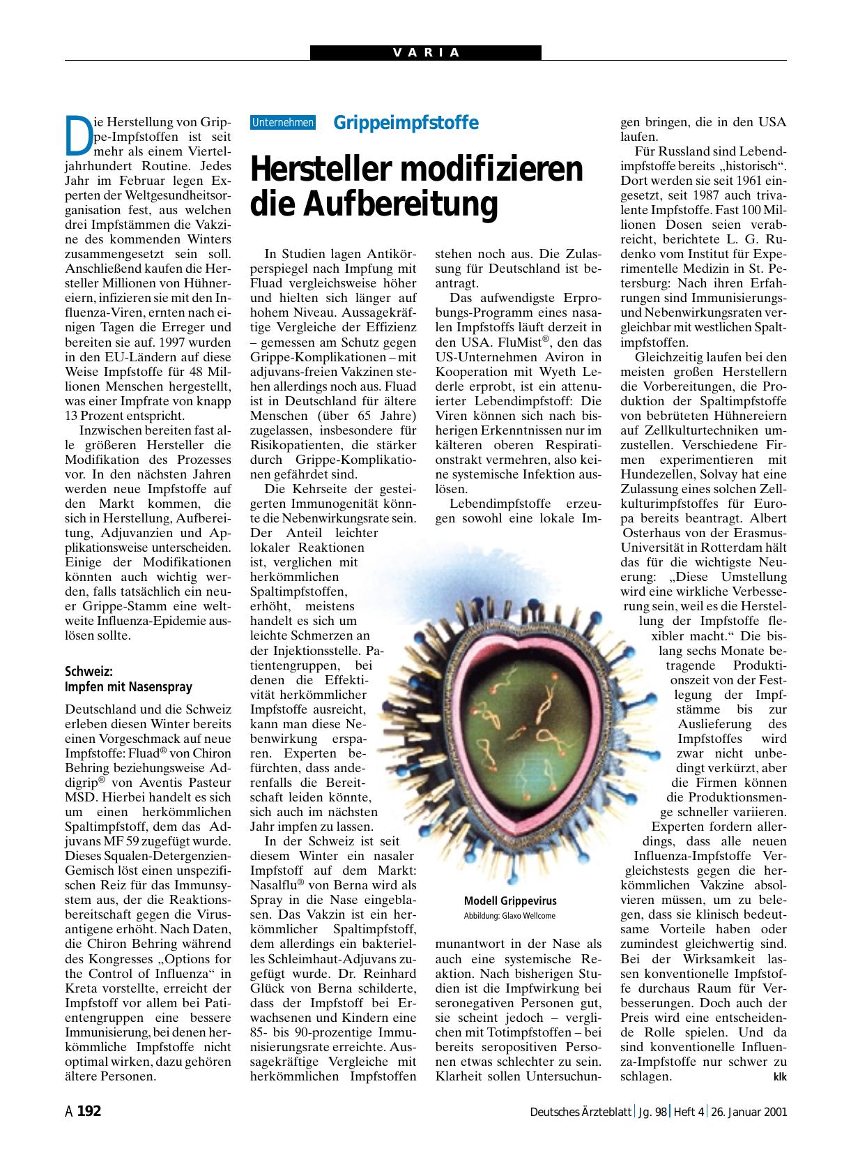 Vorschauseite 1: Grippeimpfstoffe: Hersteller modifizieren die Aufbereitung