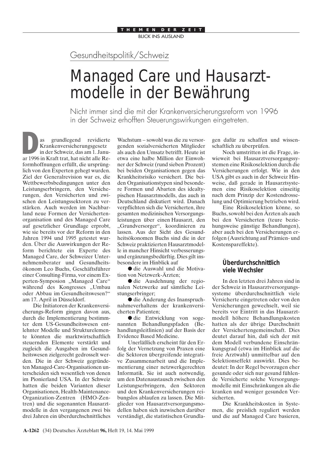 Vorschauseite 1: Gesundheitspolitik/Schweiz: Managed Care und Hausarzt-modelle in der Bewährung