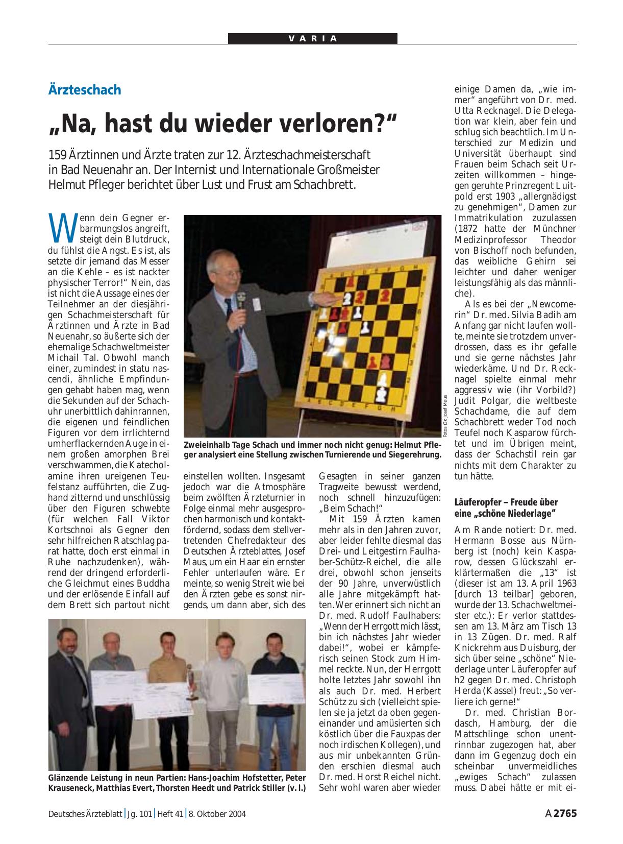Vorschauseite 1: Ärzteschach: „Na, hast du wieder verloren? “