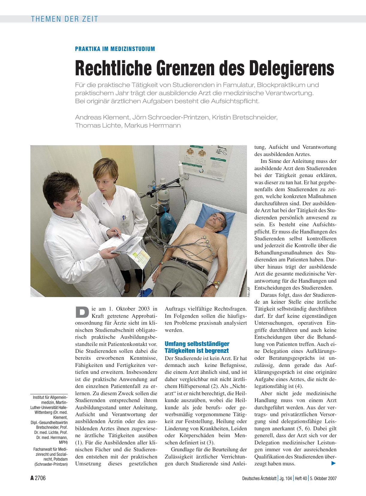 Vorschauseite 1: Praktika im Medizinstudium: Rechtliche Grenzen des Delegierens