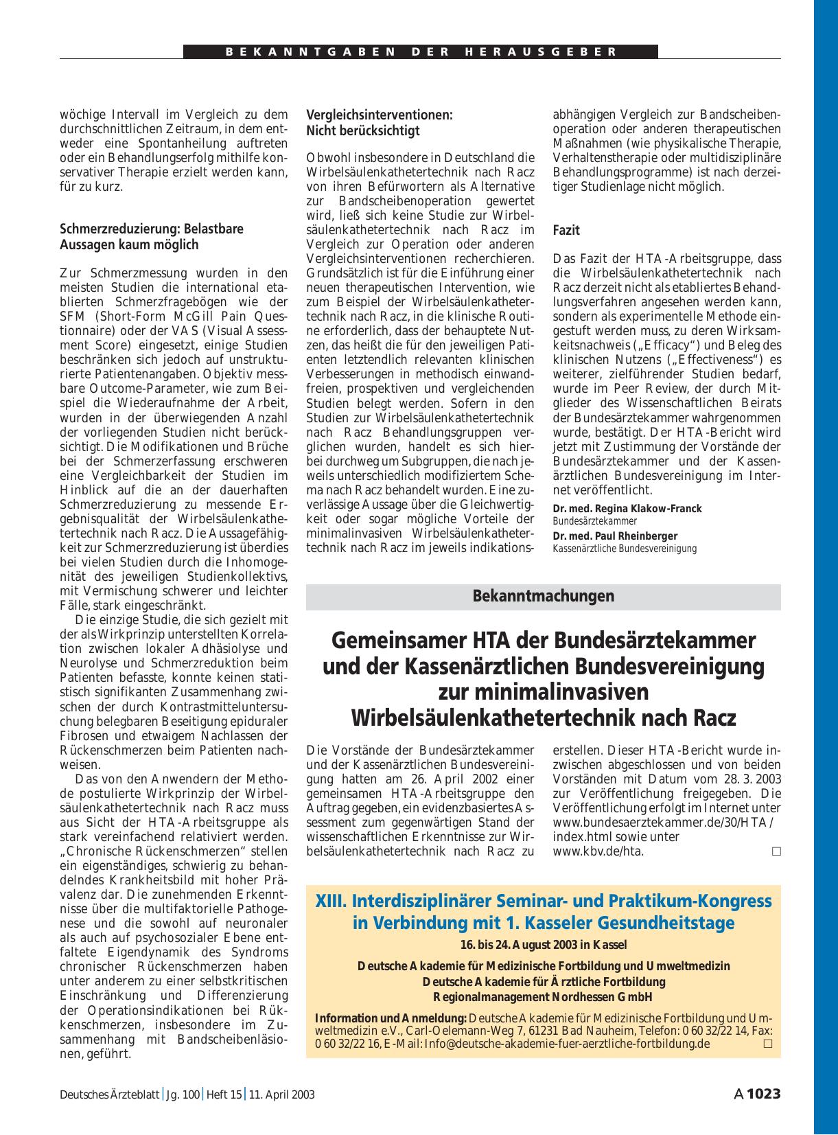 Vorschauseite 1: XIII. Interdisziplinärer Seminarund Praktikum-Kongress in Verbindung mit 1. Kasseler Gesundheitstage
