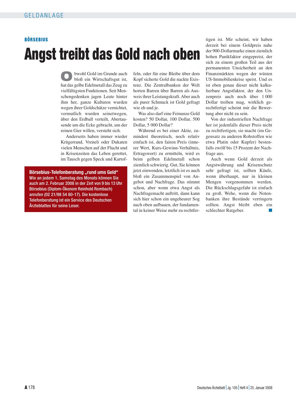 Vorschauseite 1: Börsebius: Angst treibt das Gold nach oben