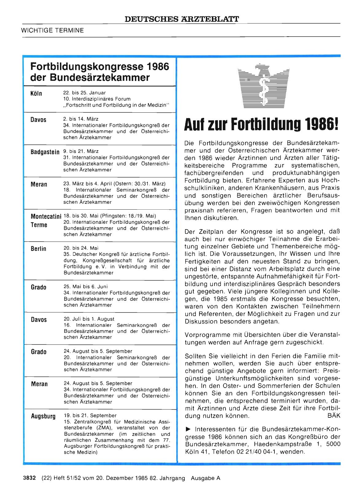 Vorschauseite 1: Aul zur Fortbildung 1986! : Fortbildungskongresse 1986 der Bundesärztekammer