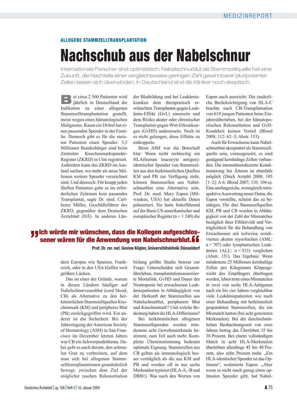 Vorschauseite 1: Allogene Stammzelltransplantation: Nachschub aus der Nabelschnur