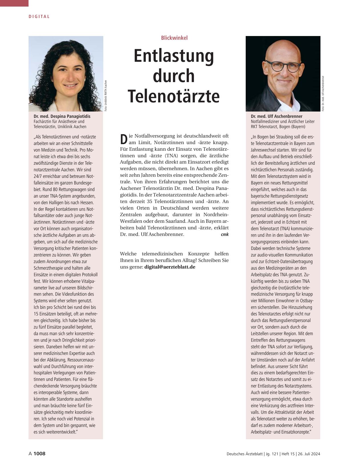 Vorschauseite 1: Blickwinkel: Entlastung durch Tele-Notärzte