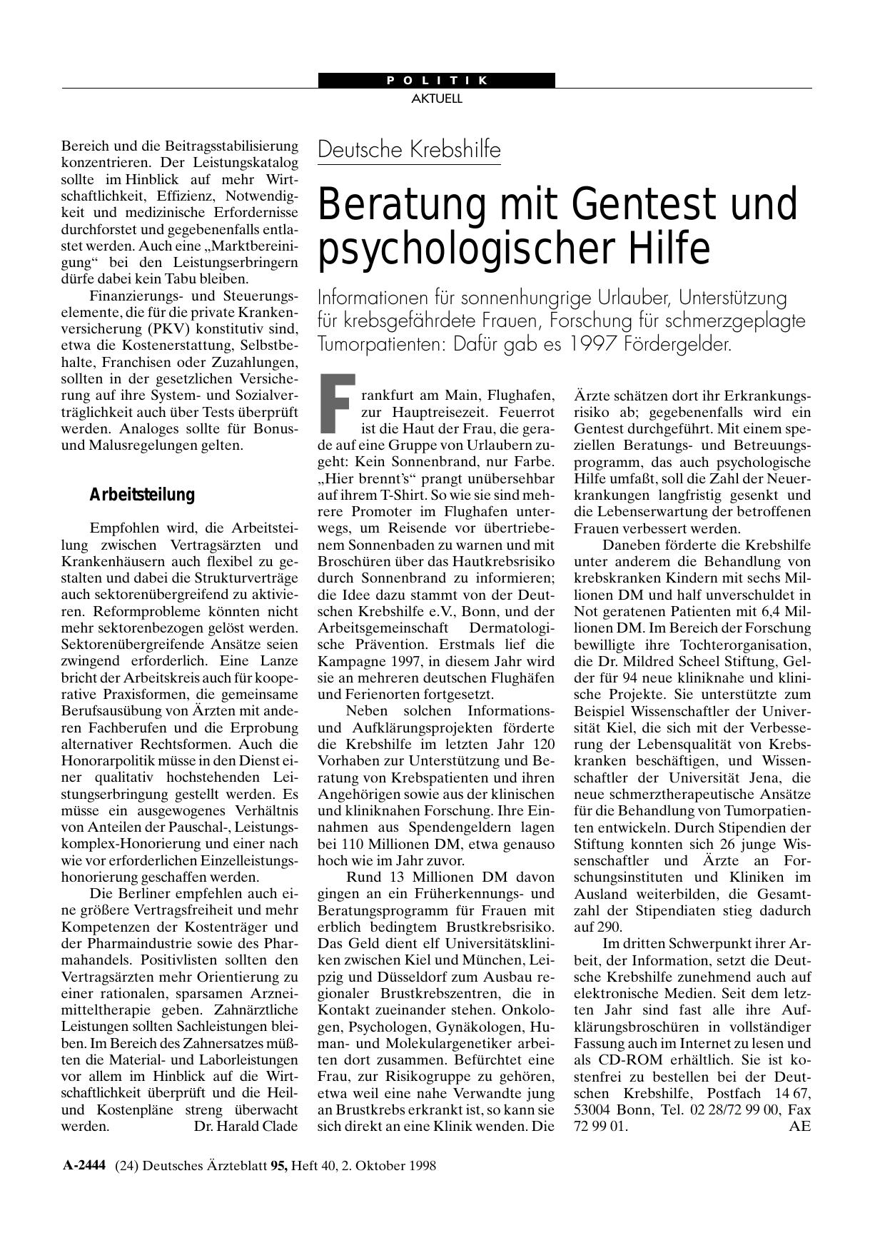 Vorschauseite 1: Deutsche Krebshilfe: Beratung mit Gentest und psychologischer Hilfe
