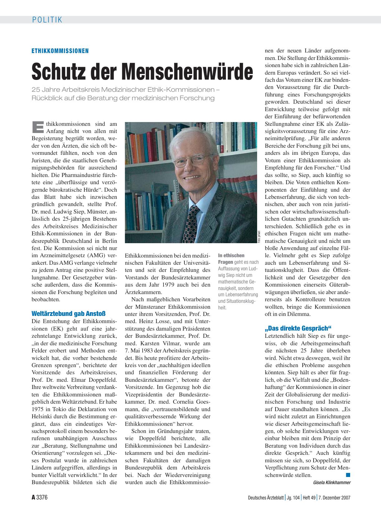 Vorschauseite 1: Ethikkommissionen: Schutz der Menschenwürde