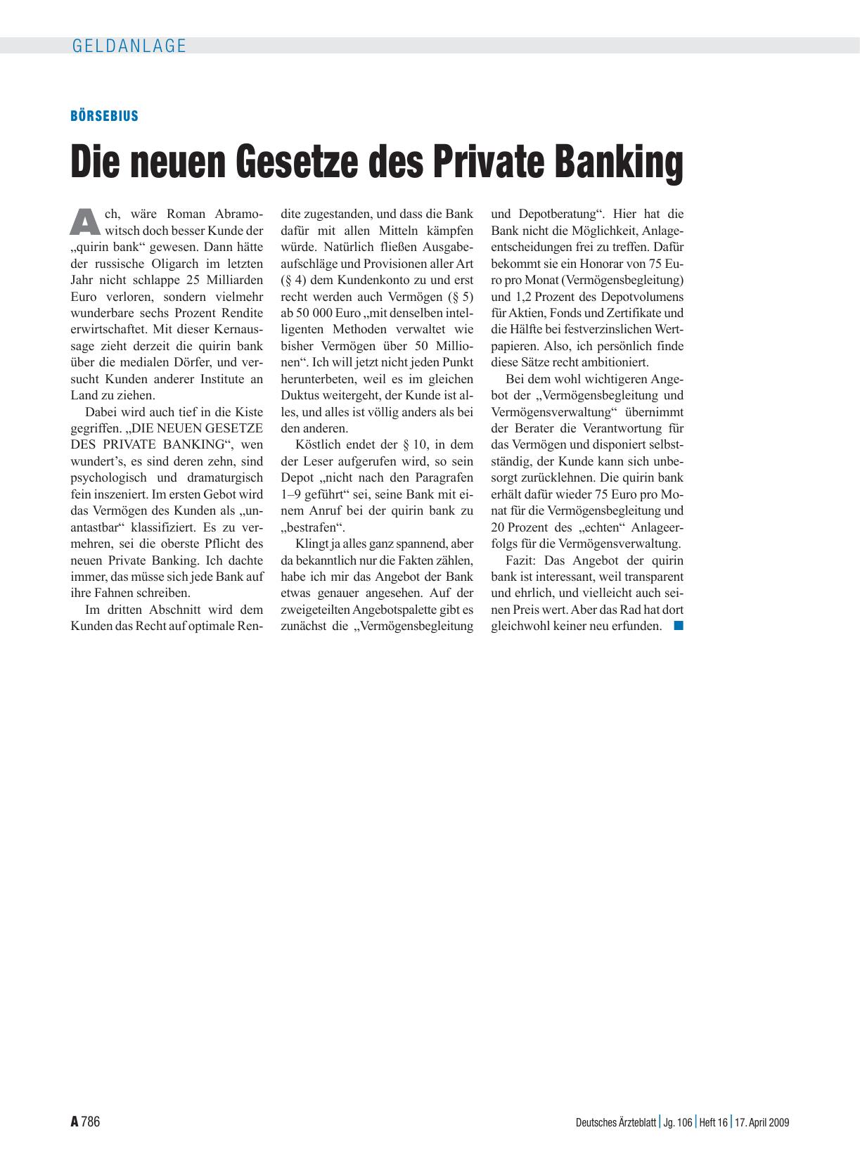 Vorschauseite 1: Börsebius: Die neuen Gesetze des Private Banking