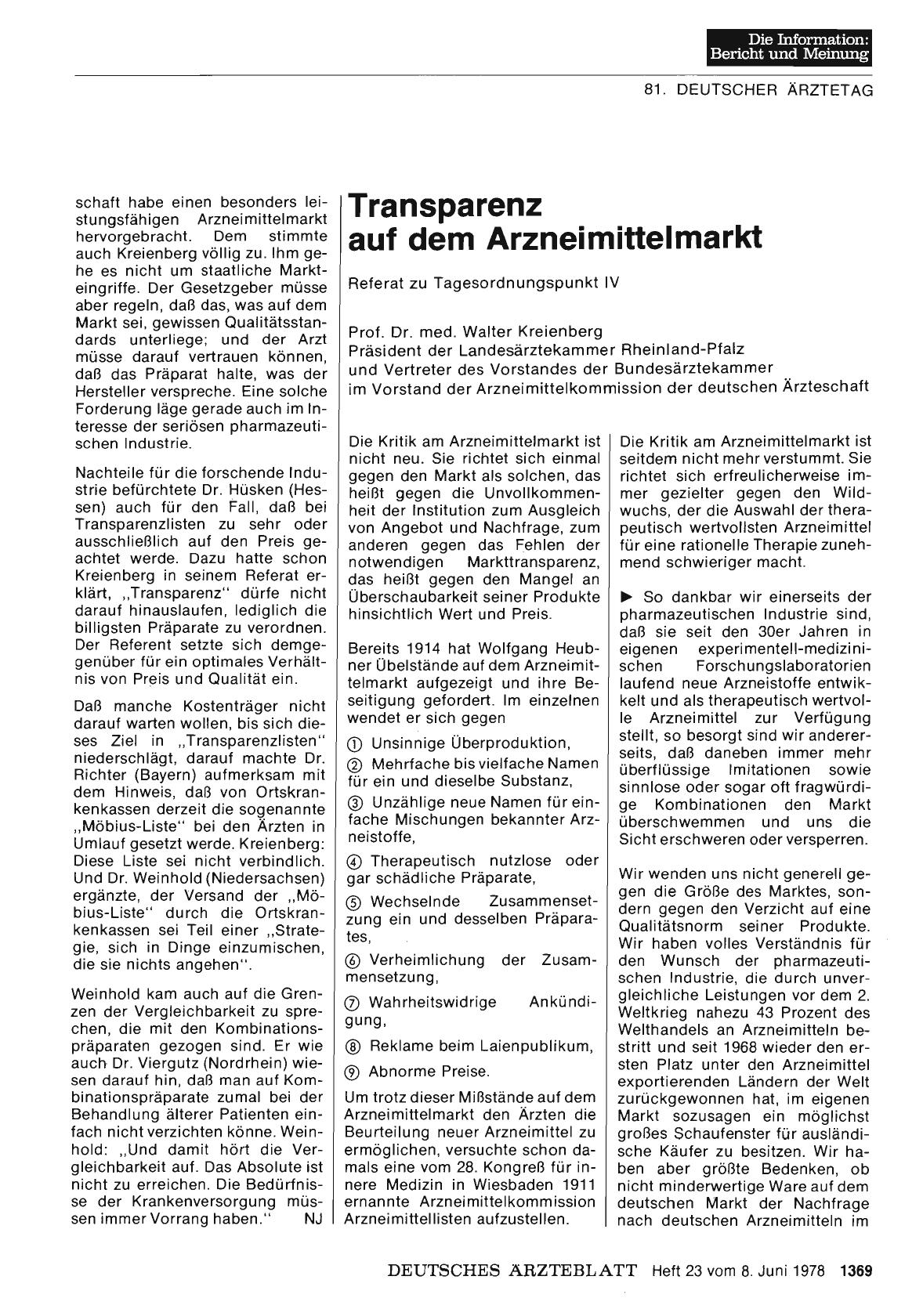 Vorschauseite 1: Transparenz auf dem Arzneimittelmarkt: Referat zu Tagesordnungspunkt IV