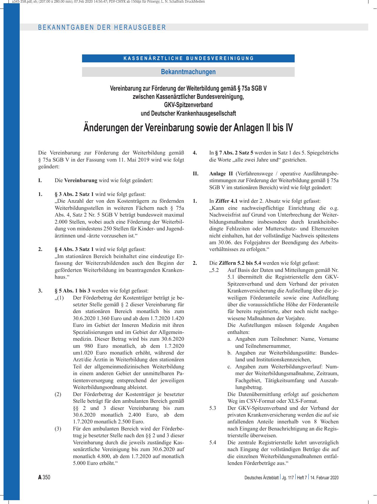 Vorschauseite 1: Vereinbarung zur Förderung der Weiterbildung gemäß § 75a SGB V zwischen Kassenärztlicher Bundesvereinigung, GKV-Spitzenverband und Deutscher Krankenhausgesellschaft Änderungen der…