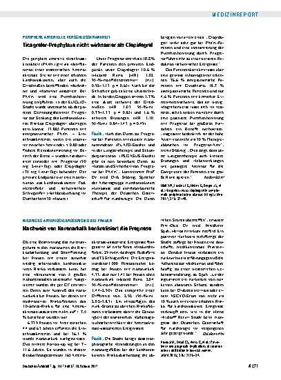 Vorschauseite 1: Periphere arterielle Verschlusskrankheit: Ticagrelor-Prophylaxe nicht wirksamer als Clopidogrel