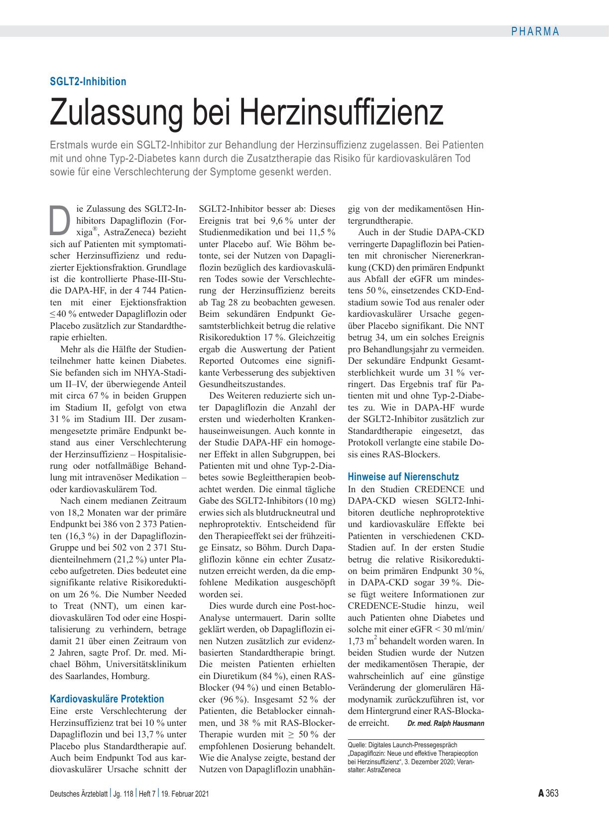 Vorschauseite 1: SGLT2-Inhibition: Zulassung bei Herzinsuffizienz