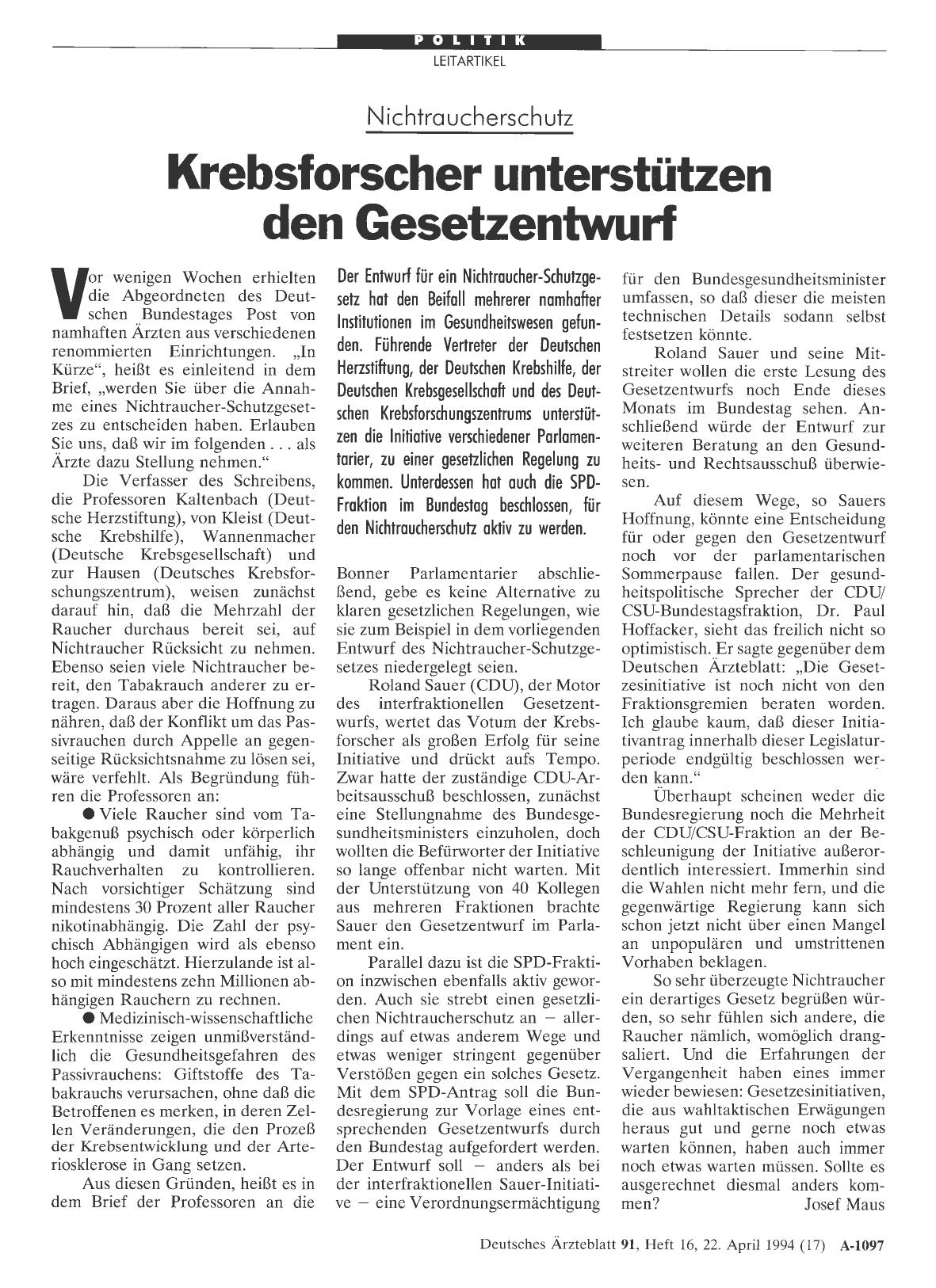 Vorschauseite 1: Nichtraucherschutz. Krebsforscher unterstützen den Gesetzentwurf
