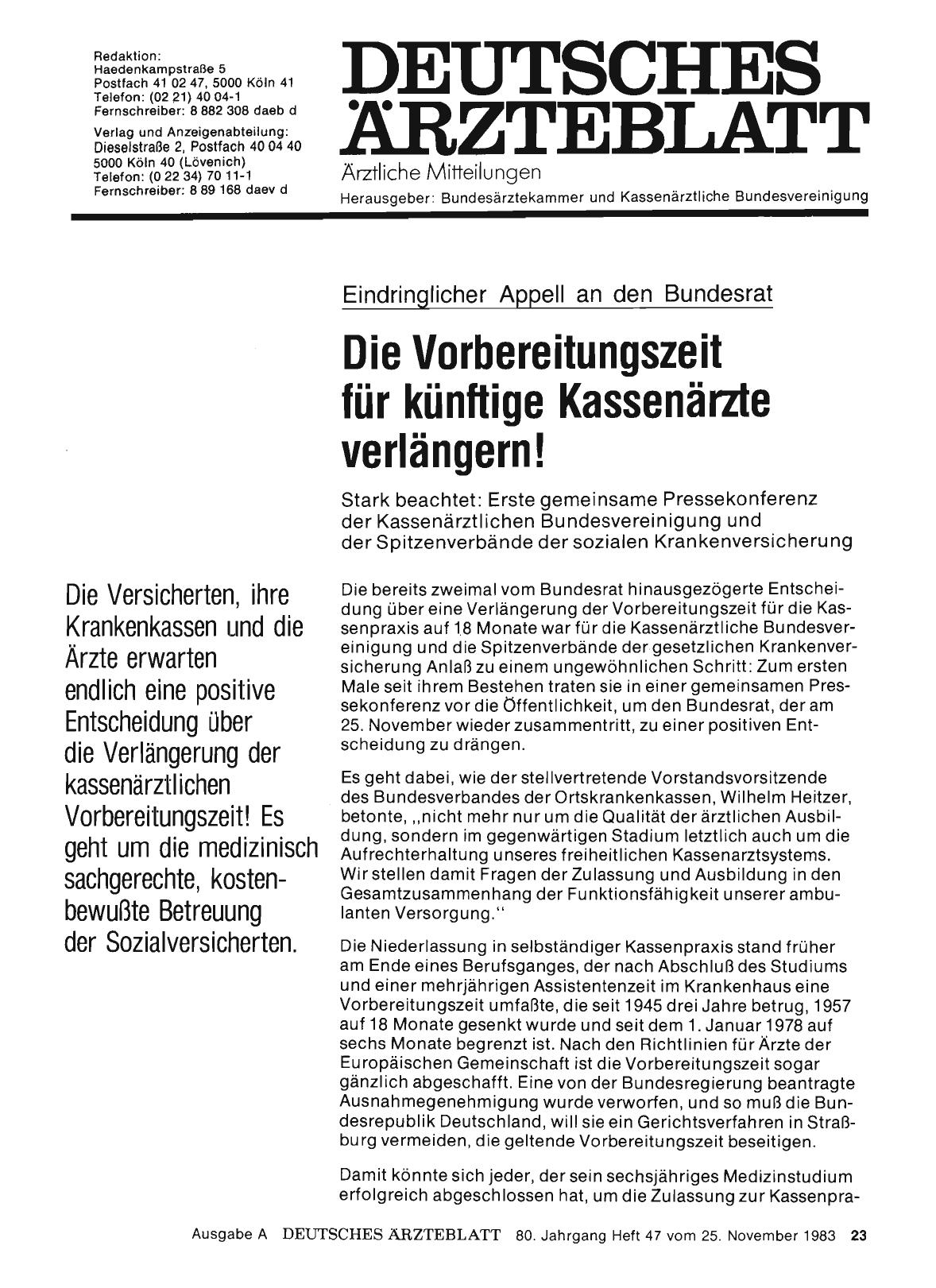 Vorschauseite 1: Eindringlicher Appell an den Bundesrat: Die Vorbereitungszeit für künftige Kassenärzte verlängern!