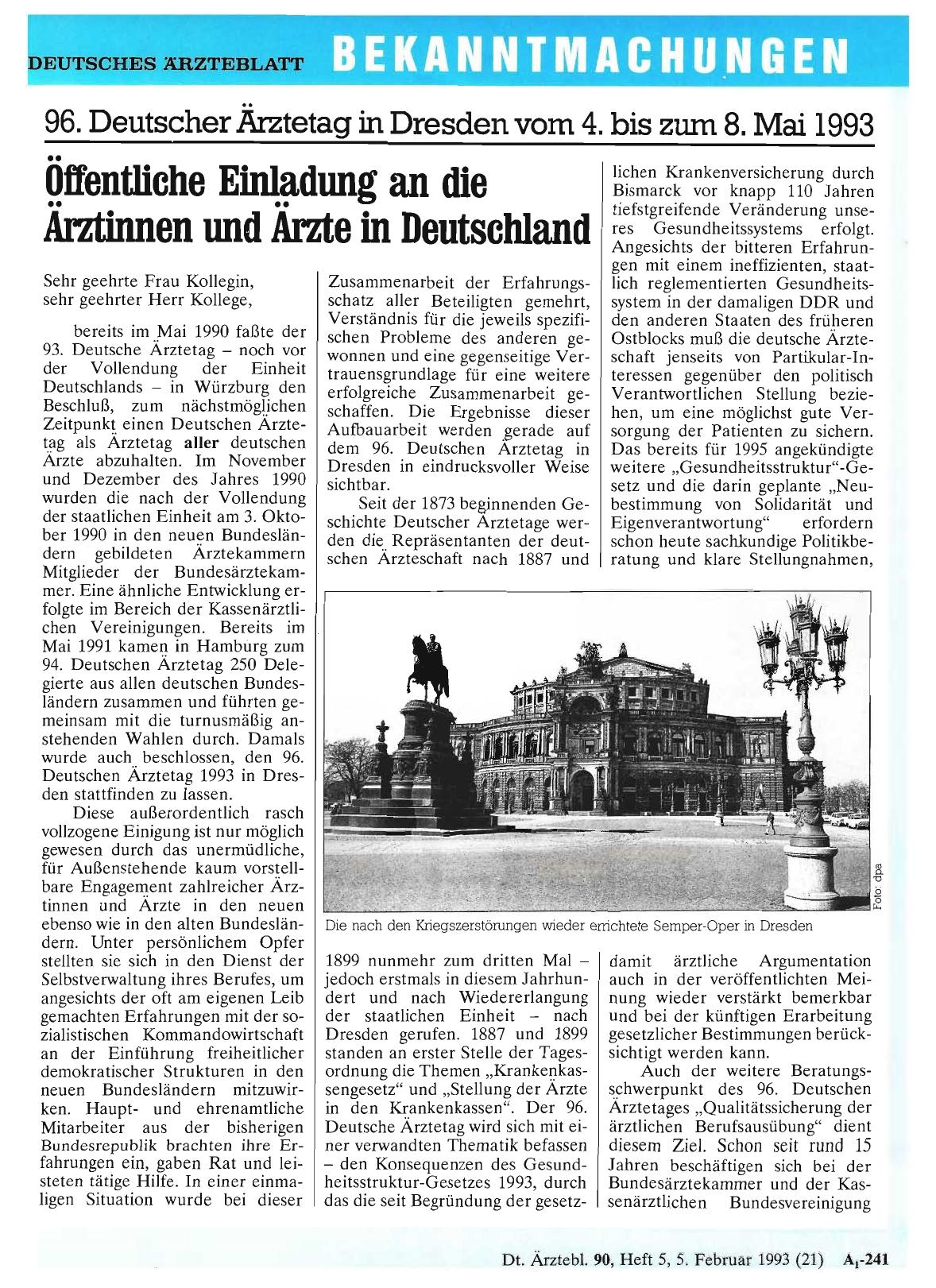 Vorschauseite 1: 96. Deutscher Ärztetag in Dresden vom 4. bis zum 8. Mai 1993: Öffentliche Einladung an die Ärztinnen und Ärzte in Deutschland
