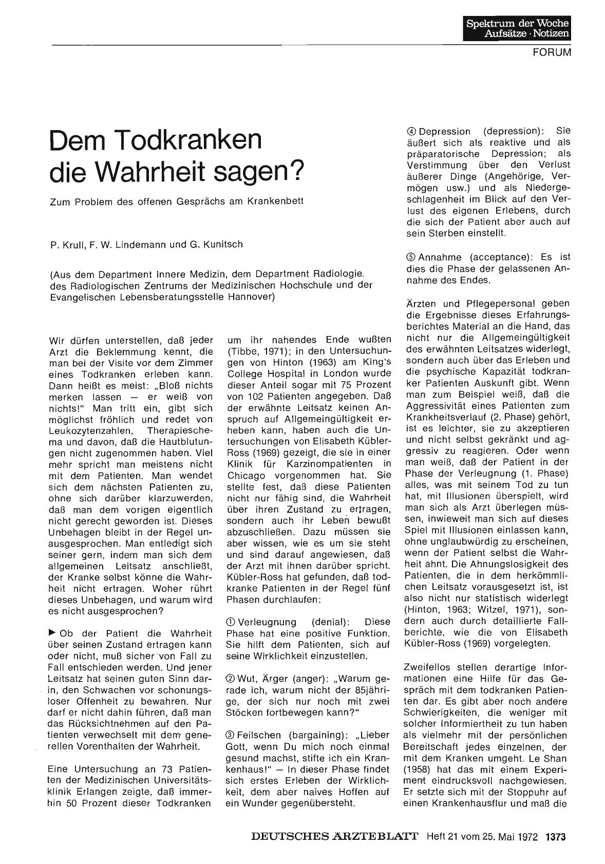 Vorschauseite 1: Dem Todkranken die Wahrheit sagen? Zum Problem des offenen Gesprächs am Krankenbett