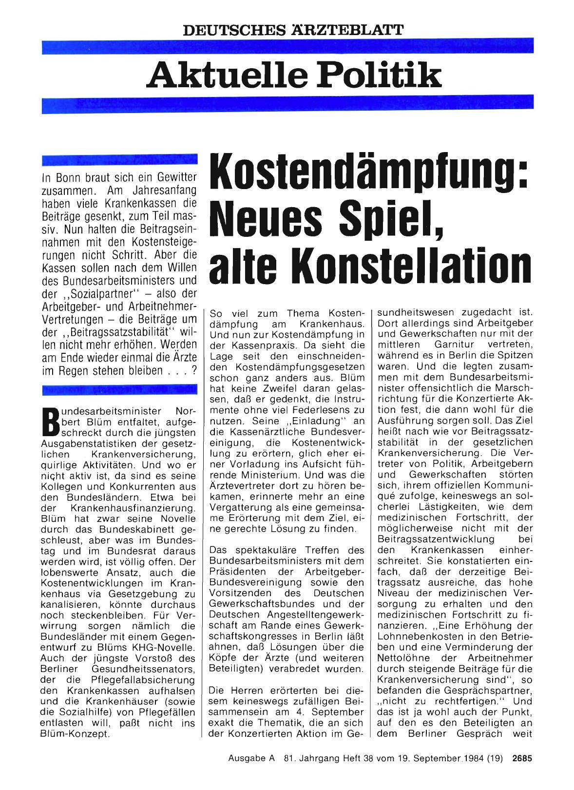 Vorschauseite 1: Kostendämpfung: Neues Spiel, alte Konstellation