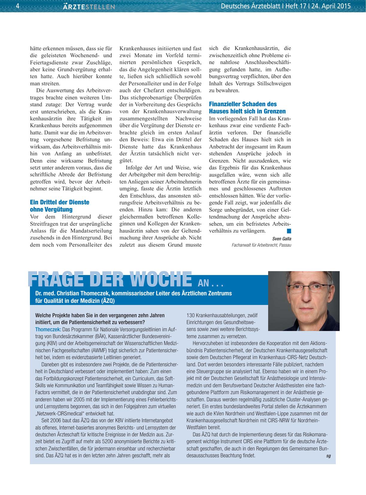Vorschauseite 1: Frage der Woche an. .. Dr. med. Christian Thomeczek, kommissarischer Leiter des Ärztlichen Zentrums für Qualität in der Medizin (ÄZQ)