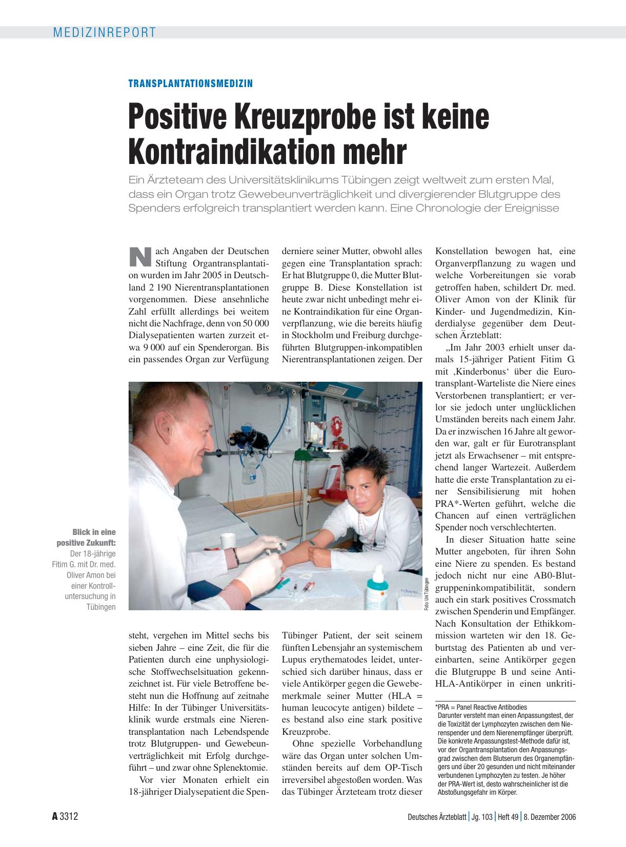 Vorschauseite 1: Transplantationsmedizin: Positive Kreuzprobe ist keine Kontraindikation mehr