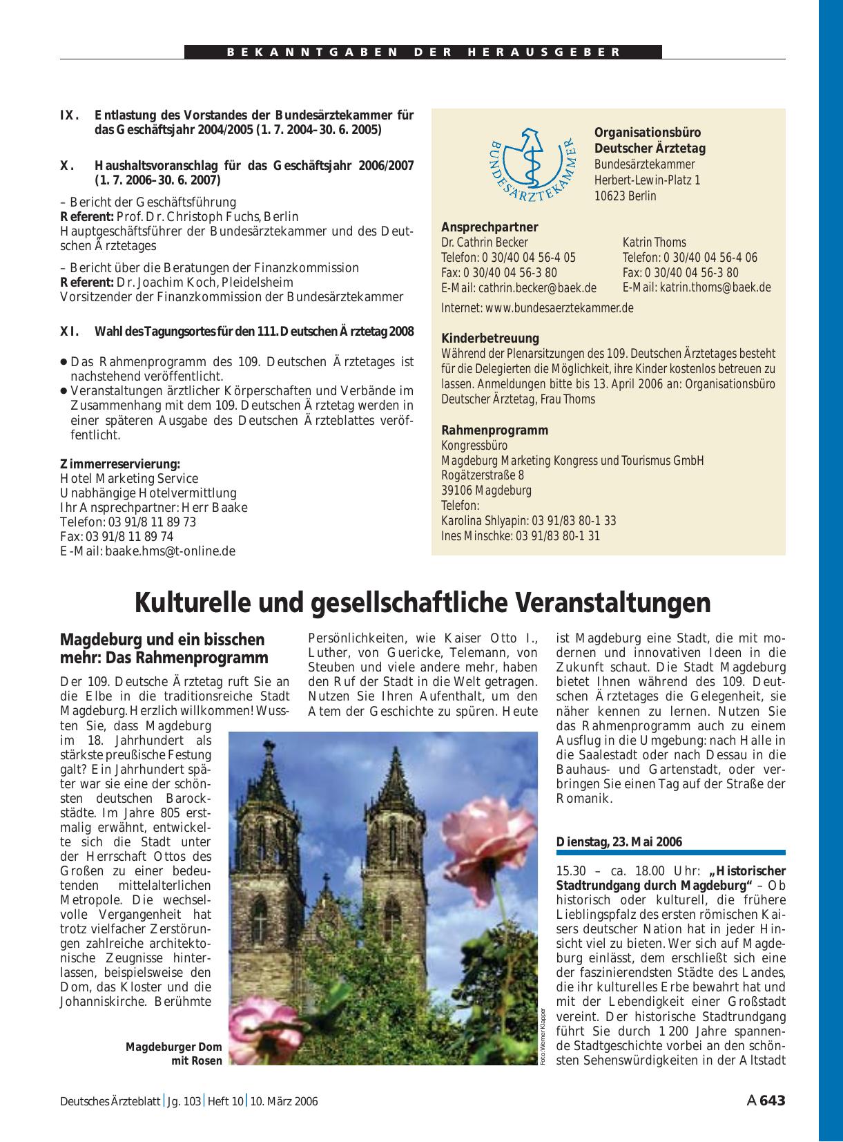 Vorschauseite 1: Deutscher Ärztetag: Kulturelle und gesellschaftliche Veranstaltungen