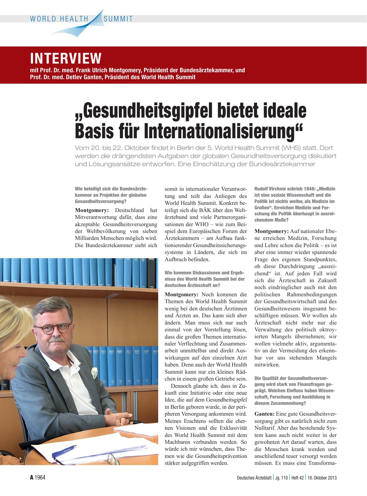 Vorschauseite 1: Interview mit Prof. Dr. med. Frank Ulrich Montgomery, Präsident der Bundesärztekammer, und Prof. Dr. med. Detlev Ganten, Präsident des World Health Summit: „Gesundheitsgipfel biet…