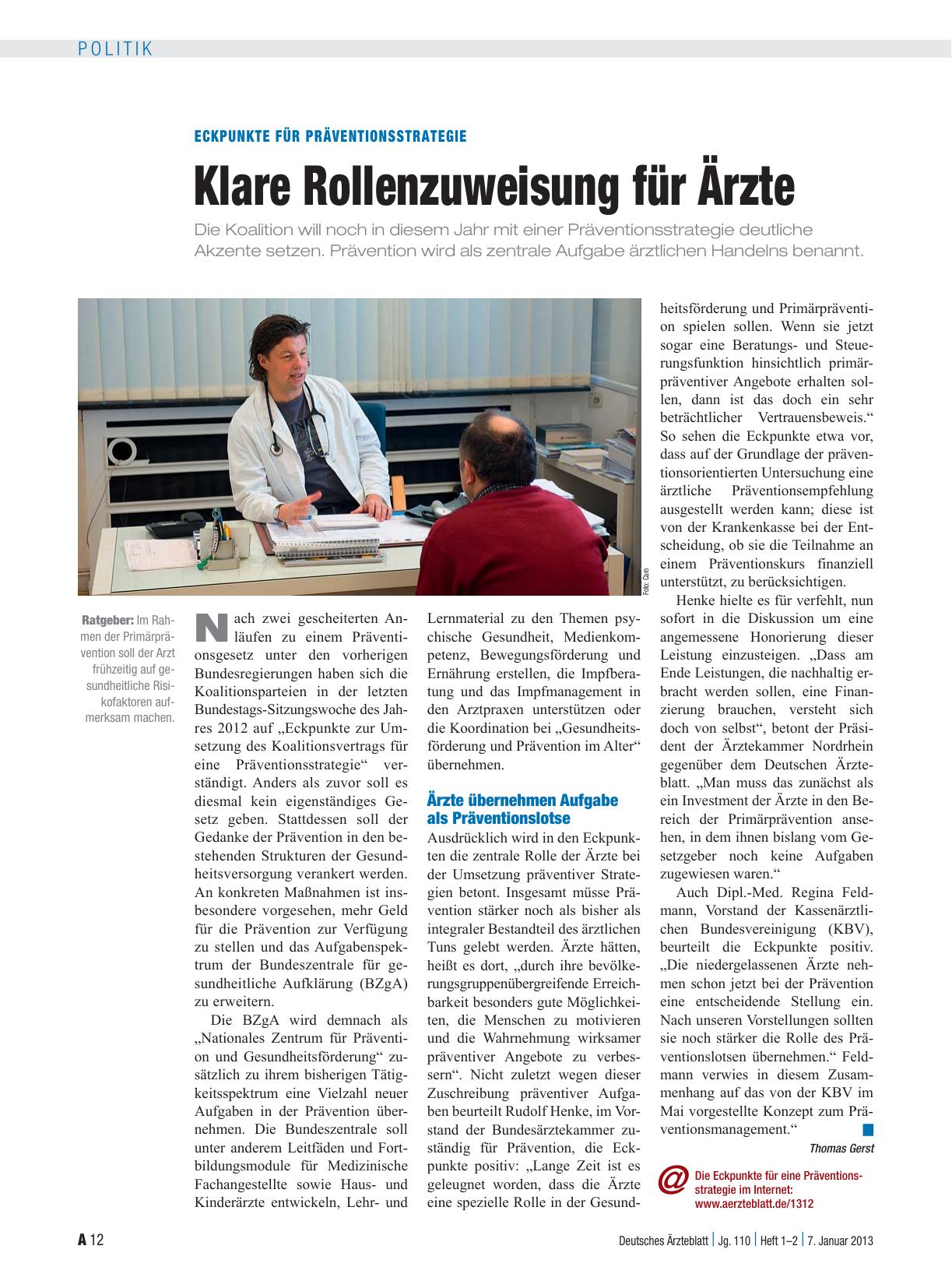 Vorschauseite 1: Eckpunkte für Präventionsstrategie: Klare Rollenzuweisung für Ärzte