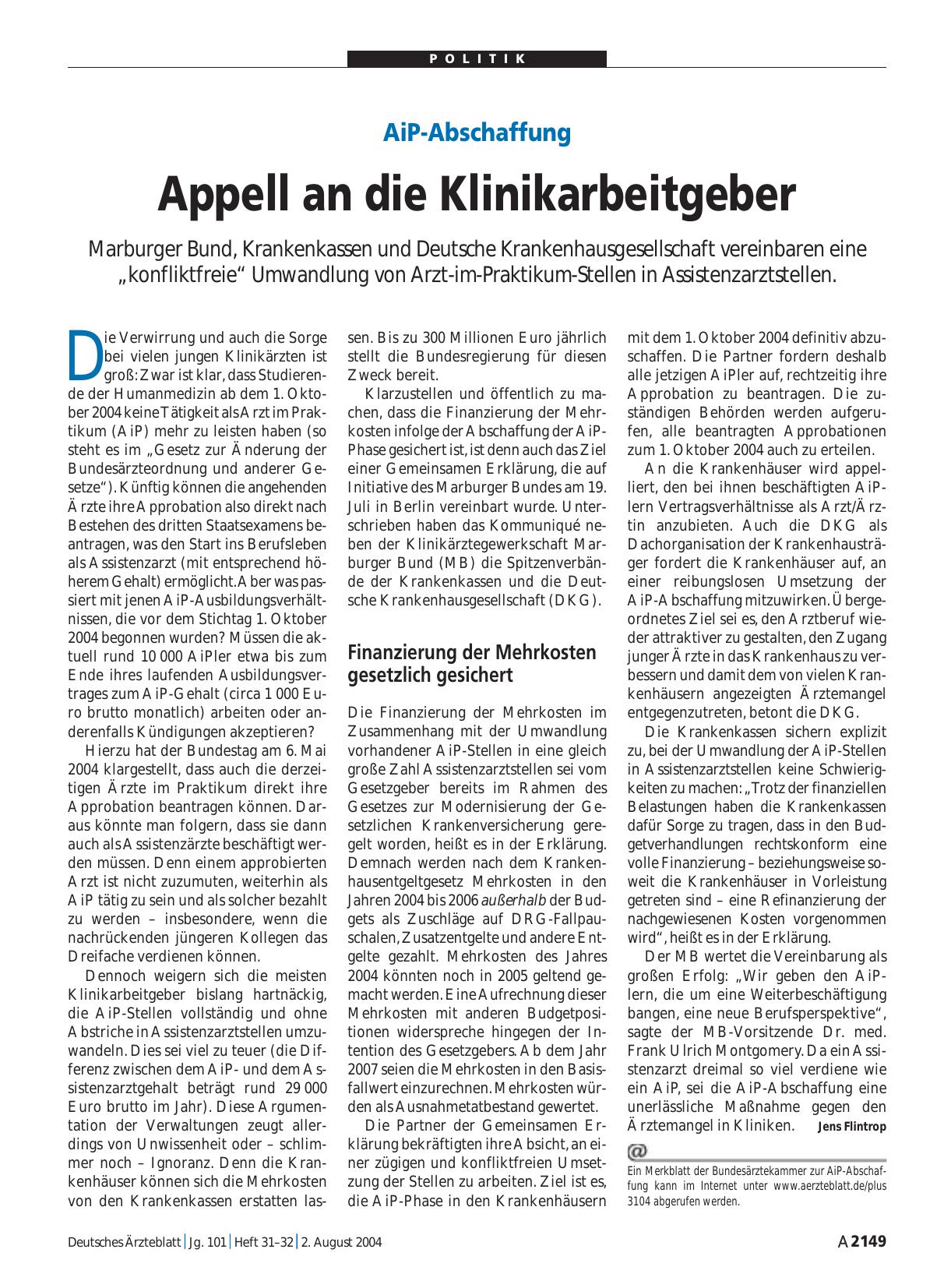 Vorschauseite 1: AiP-Abschaffung: Appell an die Klinikarbeitgeber
