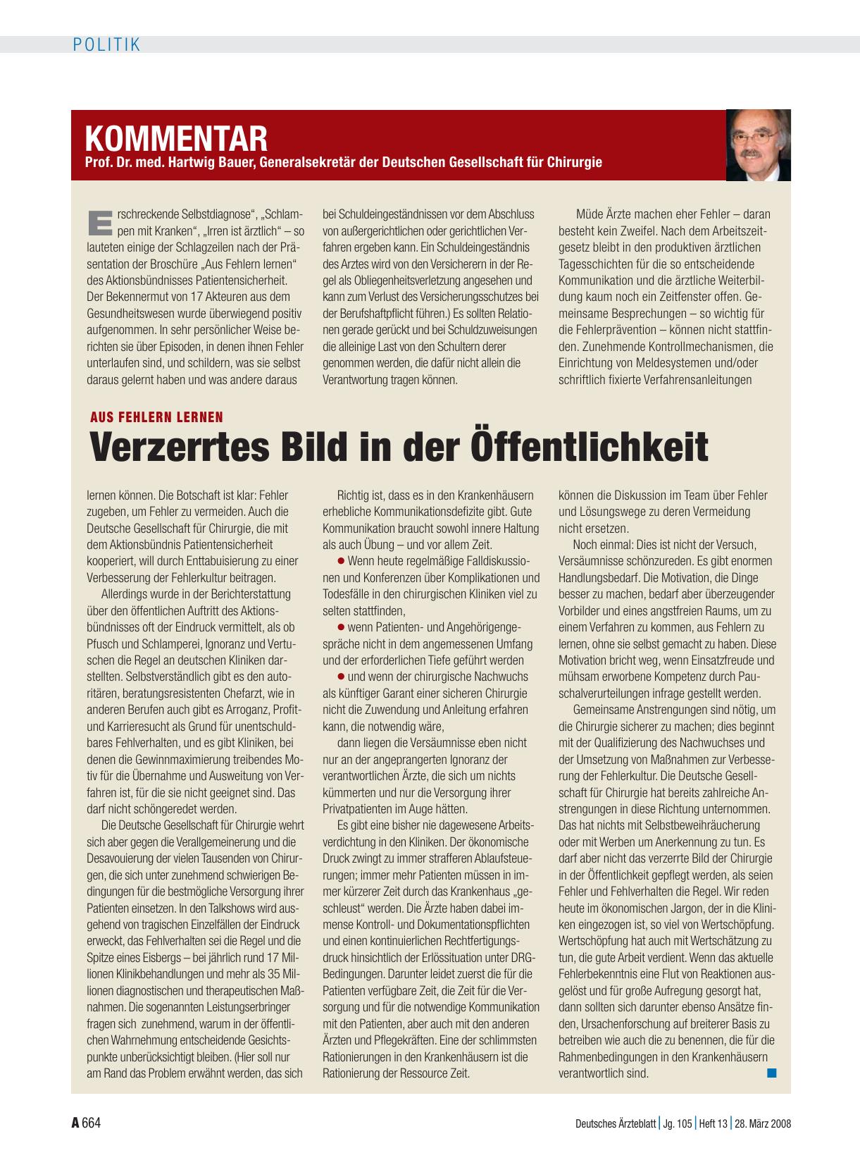 Vorschauseite 1: Prof. Dr. med. Hartwig Bauer, Generalsekretär der Deutschen Gesellschaft für Chirurgie - Aus Fehlern lernen: Verzerrtes Bild in der Öffentlichkeit