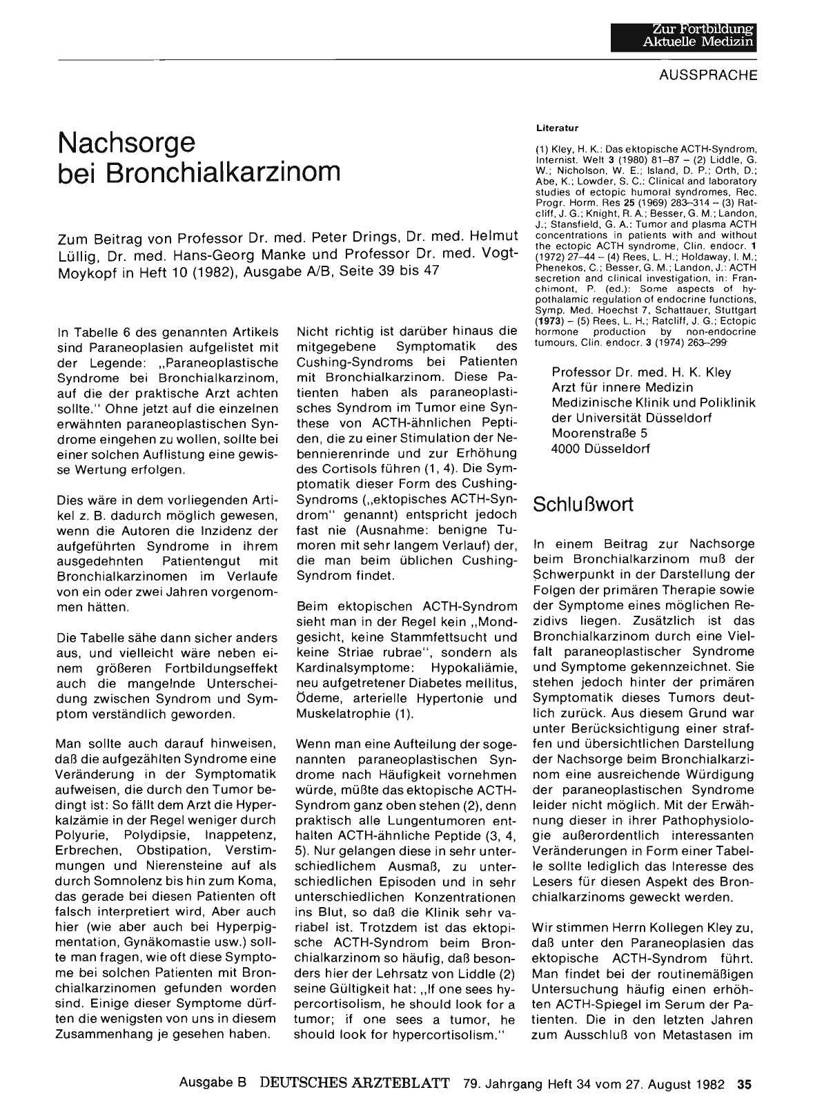 Vorschauseite 1: Nachsorge bei Bronchialkarzinom: Schlußwort