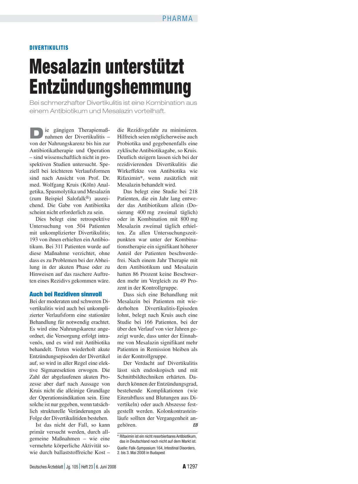 Vorschauseite 1: Divertikulitis: Mesalazin unterstützt Entzündungshemmung