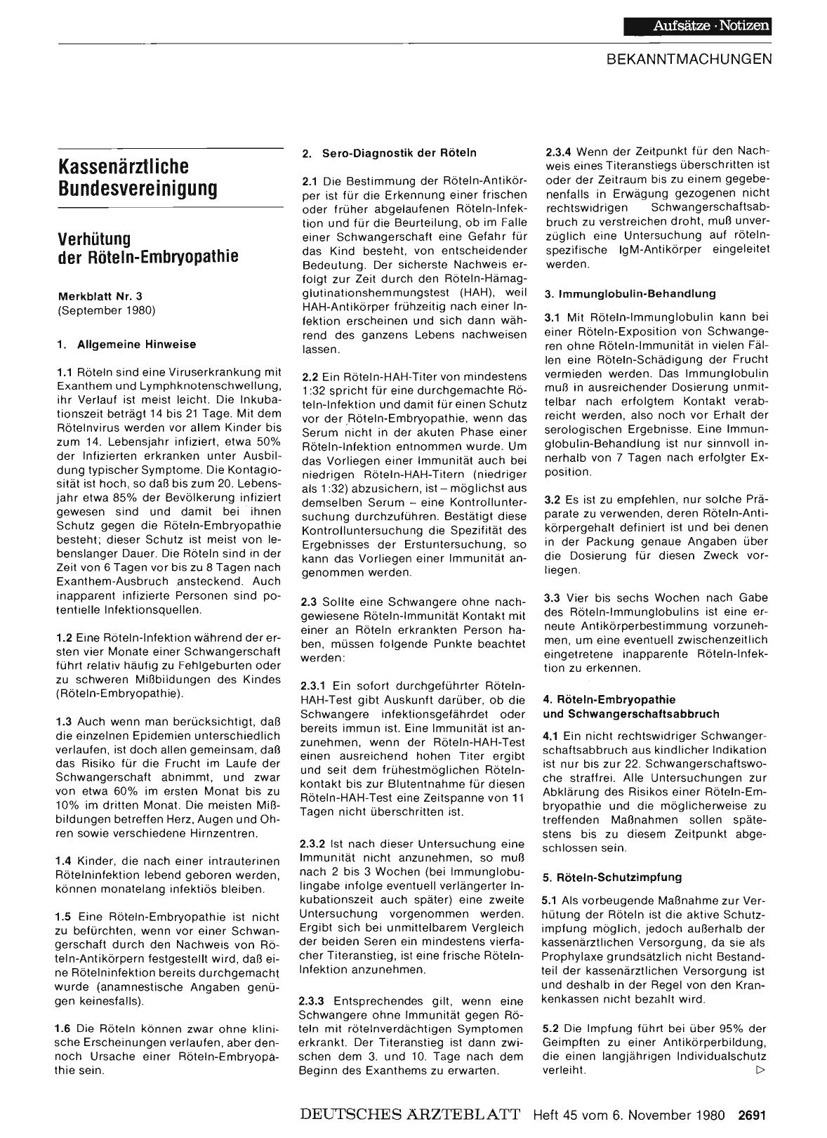 Vorschauseite 1: Kassenärztliche Bundesvereinigung: Verhütung der Röteln-Embryopathie - Merkblatt Nr. 3 (September 1980)