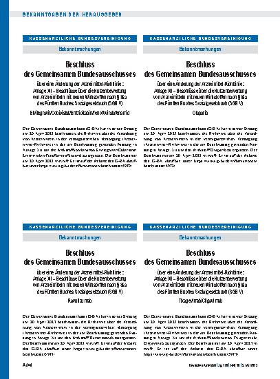 Vorschauseite 1: Beschluss des Gemeinsamen Bundesausschusses über eine Änderung der Arzneimittel-Richtlinie: Olaparib