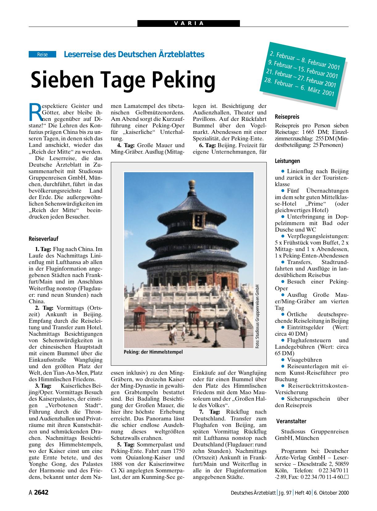 Vorschauseite 1: Leserreise des Deutschen Ärzteblattes: Sieben Tage Peking