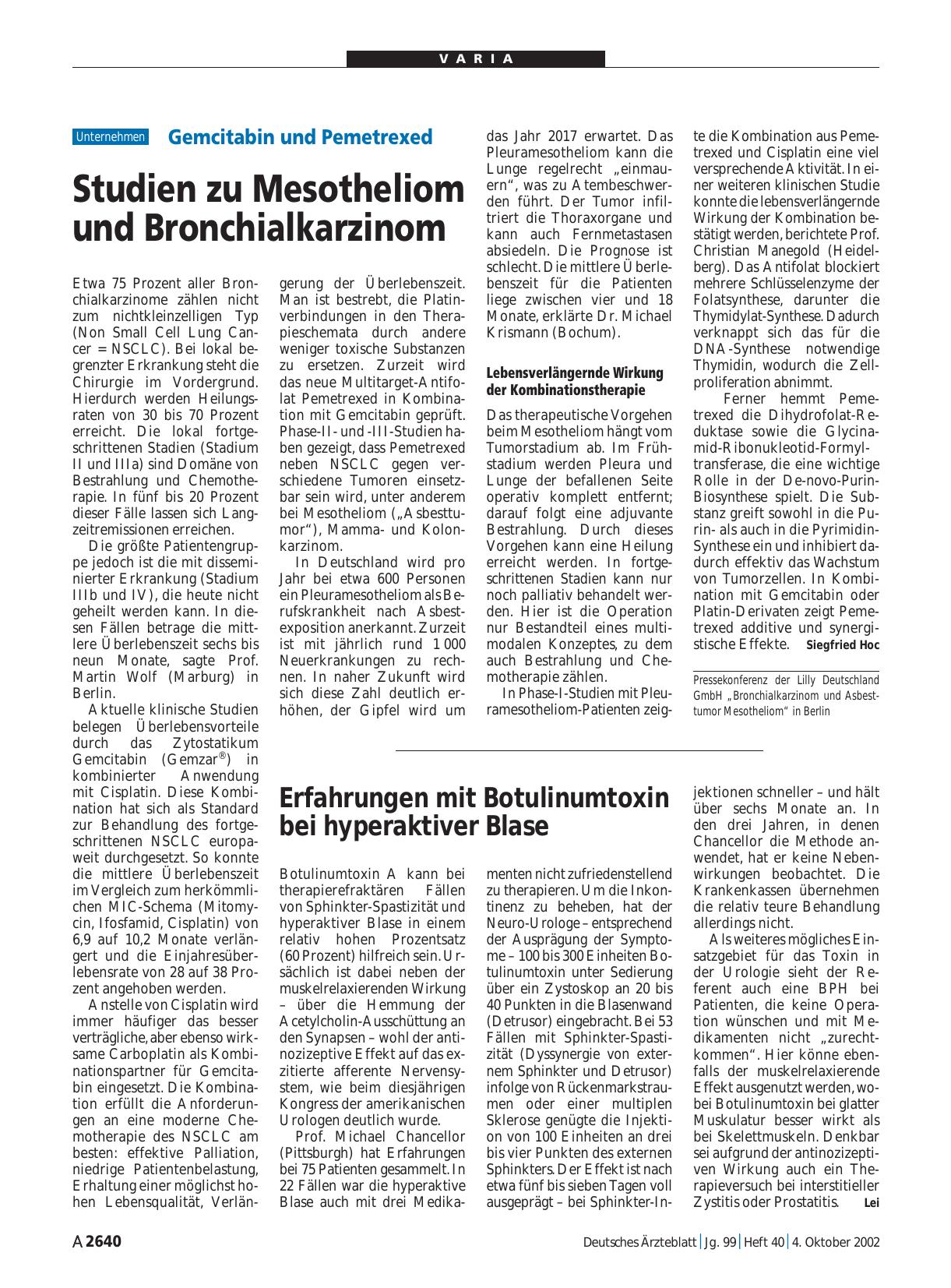 Vorschauseite 1: Gemcitabin und Pemetrexed: Studien zu Mesotheliom und Bronchialkarzinom