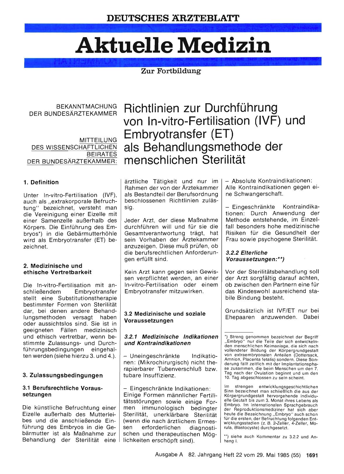 Vorschauseite 1: BEKANNTMACHUNG DER BUNDESÄRZTEKAMMER - MITTEILUNG DES WISSENSCHAFTLICHEN BEIRATES DER BUNDESÄRZTEKAMMER: Richtlinien zur Durchführung von In-vitro-Fertilisation (IVF) und Embryotr…