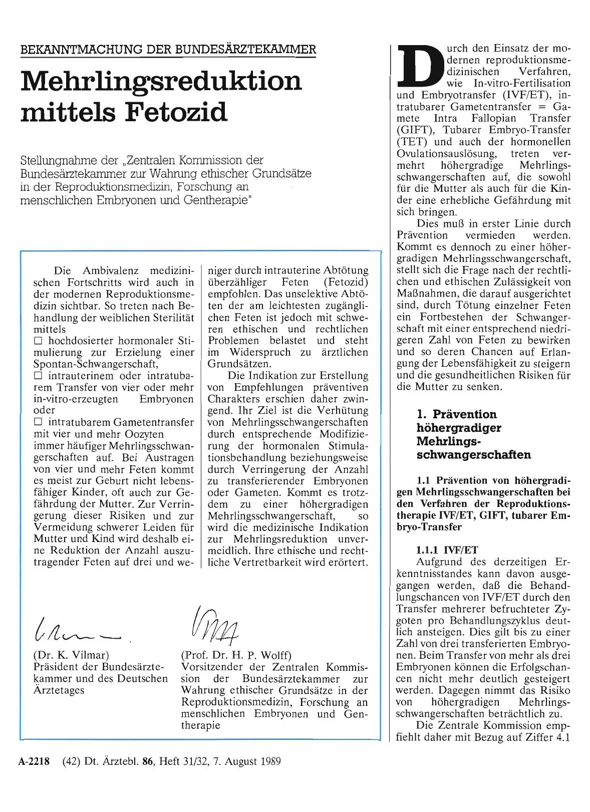 Vorschauseite 1: BEKANNTMACHUNG DER BUNDESÄRZTEKAMMER: Mehrlingsreduktion mittels Fetozid